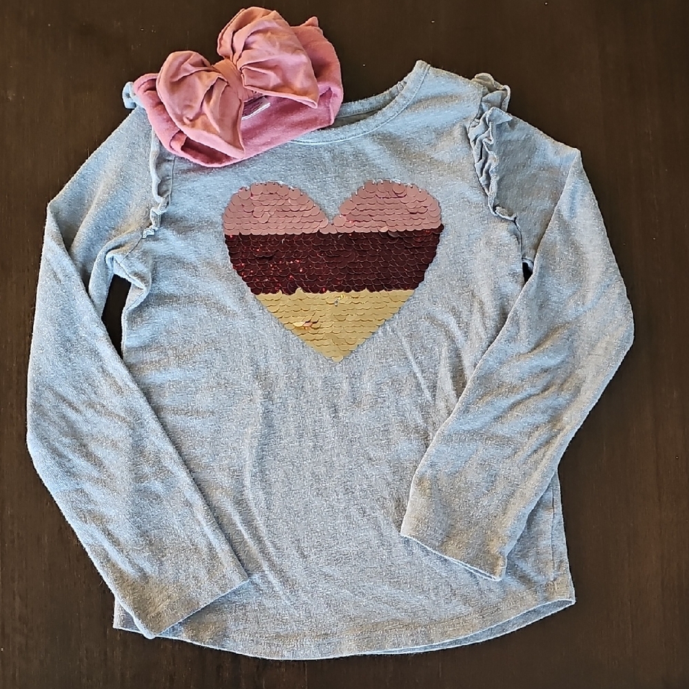 Sonoma Flip Sequin Heart Long Sleeve + Bonus Ruffle Butts Mauve Headband